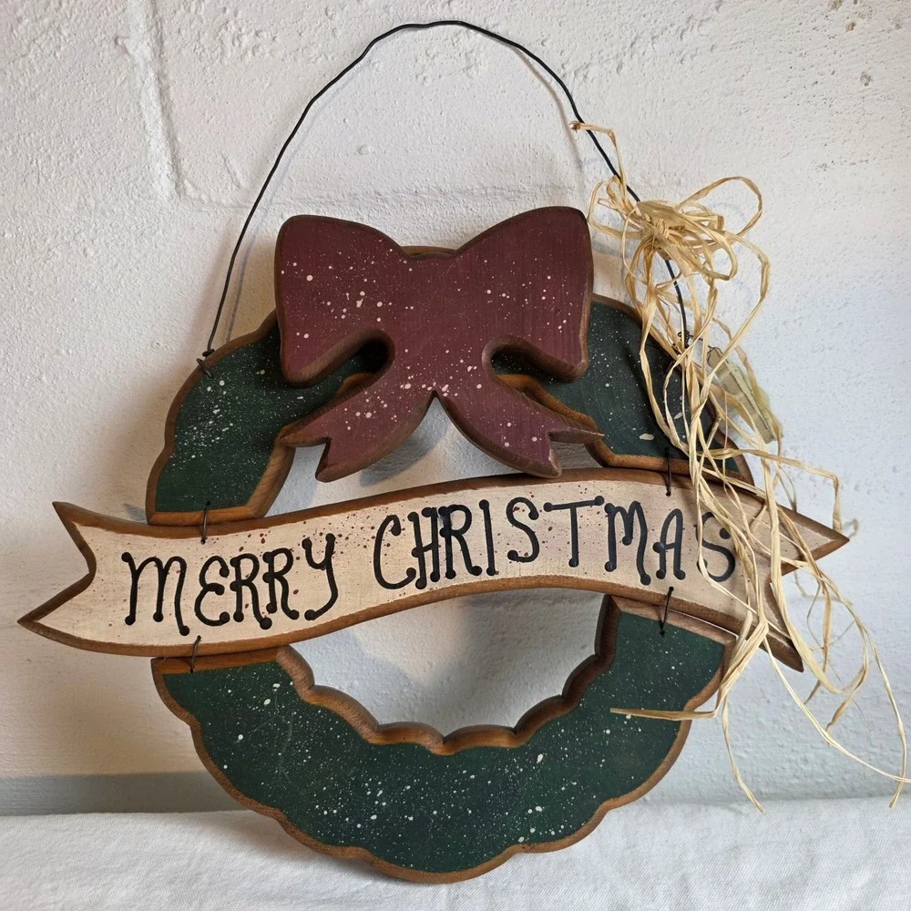 Rustic 90s Wood Merry Christmas Wreath Wall Door Hanging Country Green Bow